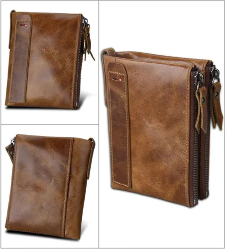 Vista 7 de Monedero plegable para hombre, de piel auténtica, con cremallera, cambio, monedero