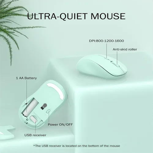 Vista 9 de Combo de teclado y mouse inalámbricos, 110 teclas silenciosas redondas, mouse óptico ajustable, 1 receptor USB, interruptor de alimentación