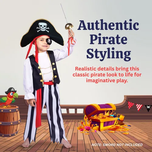 Vista 4 de Dress Up America Disfraz de pirata para niños, auténtico disfraz de pirata para Halloween, fiestas de cumpleaños y disfraz de juego de roles