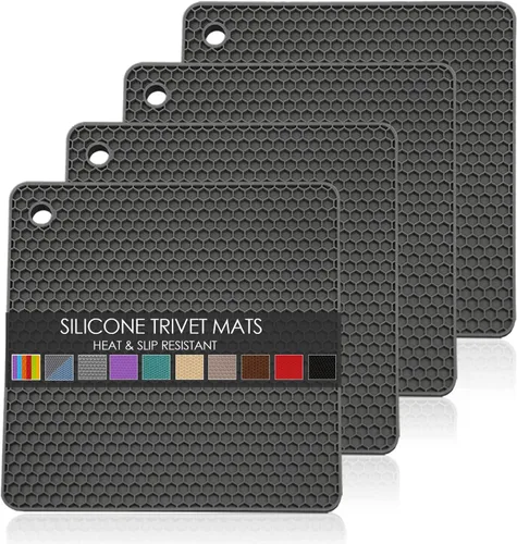 Vista 14 de Salvamanteles para platos calientes, paquete de 4 almohadillas calientes de silicona para cocina, tapete de silicona antideslizante resistente al