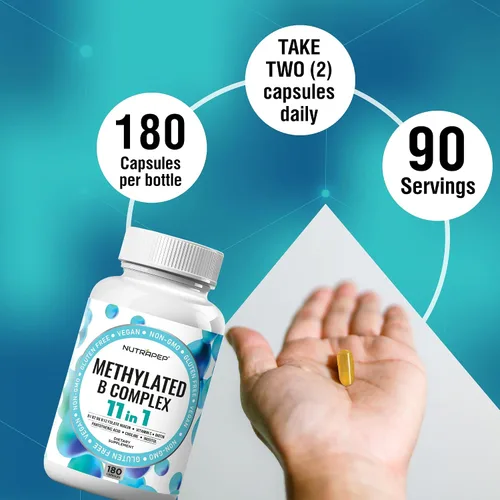 Vista 6 de NutraPep Vitaminas del complejo B metilado – Complejo multivitamínico completo de metilo B con bioactivo B9 5-MTHF B6 B12 – Suplemento de apoyo