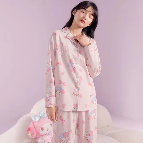 Vista 3 de Two-Piece Cute Kitten Pajamas Cartoon Pink Casual Long Sleeve Sleepwear Set Kawaii Women'S Pajamas