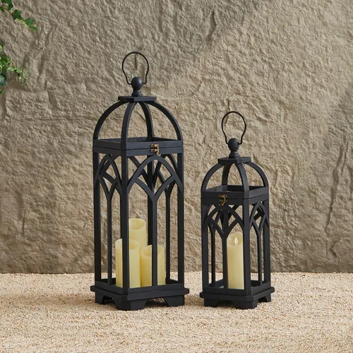 Vista 6 de Glitzhome Faroles decorativos de madera para velas, faroles con marco de madera para ventana de iglesia, para boda, chimenea, entrada, hogar, patio