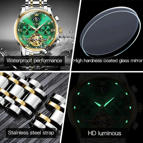 Vista 5 de OLEVS Reloj automático de lujo sin batería reloj de pulsera mecánico impermeable de acero inoxidable Tourbillon esqueleto de pulsera ajustable