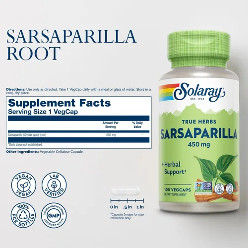 Vista 2 de SOLARAY Suplemento de raíz de zarzaparrilla de 450 mg – Soporte herbario tradicional para hombres y mujeres, sin OMG, vegano, verificado