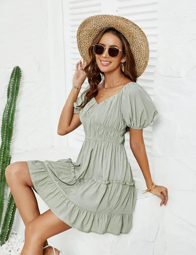 Vista 6 de Blooming Jelly Vestido babydoll para mujer, manga abombada, casual, con hombros descubiertos, vestido suelto con volantes y espalda descubierta