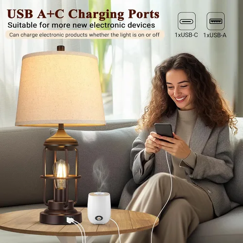 Vista 4 de Qimh Juego de 2 lámparas de mesa para dormitorio con puertos USB A+C, lámpara de mesita de estilo granja con luz nocturna, control táctil regulable