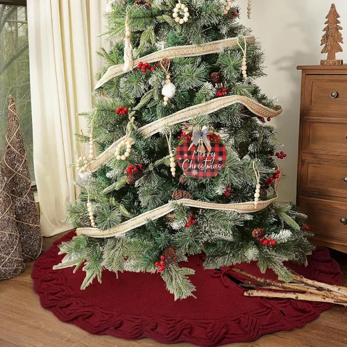 Vista 3 de yuboo Falda de árbol de Navidad roja de 48 pulgadas de punto, falda de árbol de Navidad burdeos, falda de árbol de Navidad trenzada de punto grueso