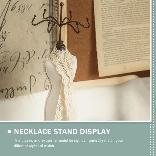 Vista 5 de DOITOOL Wooden Retro Jewelry Holder Organizer with Mannequin Design, Necklace Display Stand and Earring Tree for Home Desktop Storage and Decorative