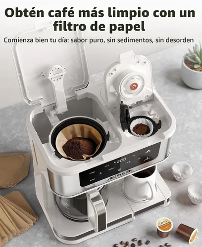 Vista 7 de AIRMSEN Cafetera dual programable de 12 tazas – Máquina de una sola porción para K-Pods y molido, preparación rápida de 1000 W, inicio retardado