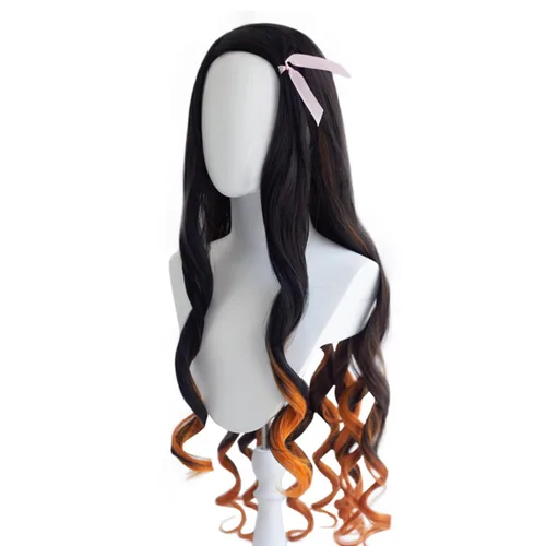 Vista 4 de AniLnc Pelucas largas Ombre negro naranja Kamado Nezuko Cosplay Pelucas Cosplay disfraz pelo