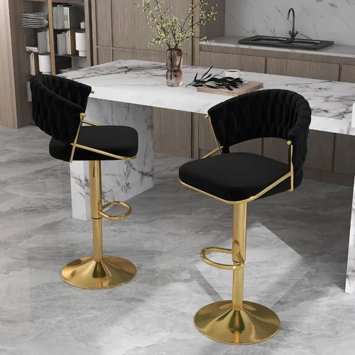 Vista 9 de Juego de 2 taburetes de bar giratorios de 360° con respaldo alto, silla de bar de terciopelo ajustable moderna de altura de mostrador, taburete