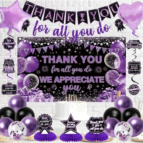 Vista 5 de Vlipoeasn Decoraciones de Pancarta We Appreciate You, Pancarta de Fondo Negro Morado Thank You for All You Do Panal de Abeja, Decoración de Oficina
