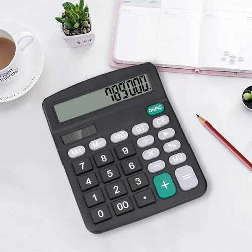 Vista 3 de Calculadora de escritorio, calculadora negra con botones grandes, pantalla LCD grande de 12 dígitos, batería solar y AA de doble potencia