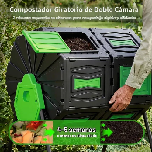 Vista 6 de Vaso de compost, fácil de montar y eficiente, contenedor de compost para exteriores, 45 galones/170 litros, compostador giratorio de doble cámara