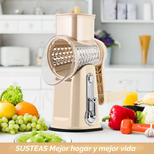 Vista 7 de SUSTEAS Rallador de queso rotativo con mango - Triturador de verduras con 5 cuchillas bien diseñadas y base de succión fuerte, rebanador
