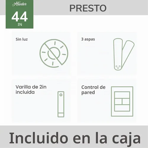 Vista 3 de Hunter Presto, ventilador de techo, para interiores, sin luz, moderno, 44 pulgadas, gris paloma