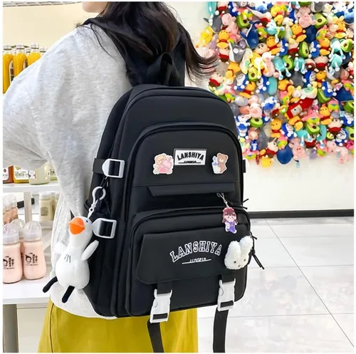Vista 3 de Linda mochila con accesorios kawaii Juego de 5 bolsas impermeables estéticas (negro)
