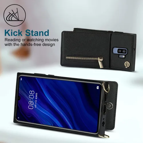 Vista 7 de Funda para teléfono Samsung Galaxy S9 con correa cruzada, tarjetero de cuero, con cordón, ranuras de crédito, cierre magnético, accesorios para Negro