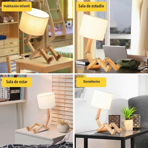 Vista 7 de Lámpara de mesa robot, bonita luz de noche, brazos y patas de madera ajustables, bonita lámpara de escritorio, iluminación de noche novedosa