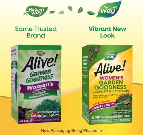 Vista 2 de Nature's Way Alive! Women's Garden Goodness Multivitamínico completo, 1 porción de verduras y frutas por porción de 2 tabletas, con col rizada