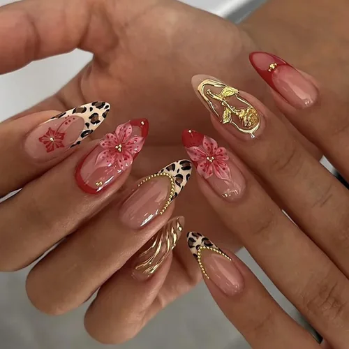 Vista 34 de Uñas postizas largas a presión, color negro, diseño francés y floral, 24