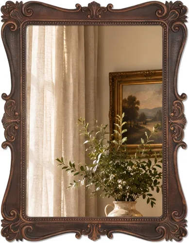 Vista 7 de Antique Brown Wall Mirror, Vintage European Ornate Carved Frame 16 x 22 Inch, HD Glass Mirror, Hand-Applied Distressed Finish, Ready to Hang, for
