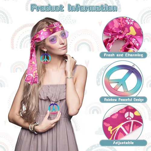 Vista 3 de Batiyeer 6 piezas de accesorios hippie para mujer, aretes bohemios con signo de la paz de los años 60 y 70, trajes para mujer, recuerdo de fiesta