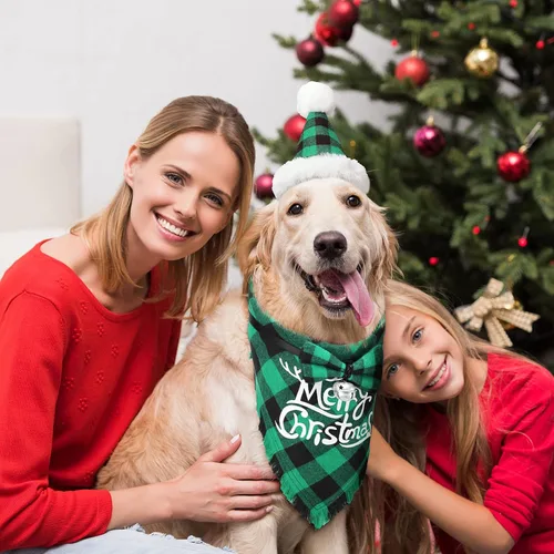 Vista 3 de Weewooday Juego de 3 piezas de disfraz de Navidad para perro, bandana a cuadros de búfalo, bufanda triangular, corbata de lazo para mascotas