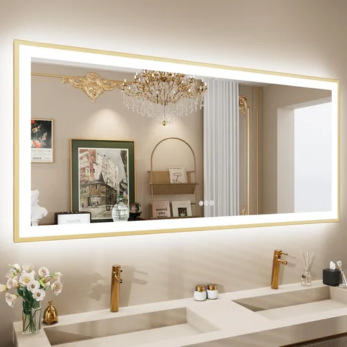 Vista 54 de Espejo de baño LED de 24x28 pulgadas con marco negro, espejos de baño retroiluminados y con luz frontal para pared, antiempañamiento, regulable