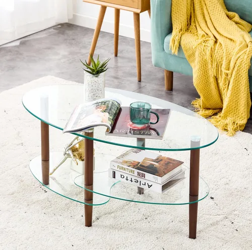 Vista 2 de Mesa de centro de vidrio ovalada, mesa de té de vidrio templado de 3 niveles, moderna mesa auxiliar de vidrio ovalada, mesa de vidrio de 3 capas