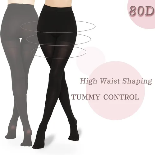 Vista 4 de Medias opacas adelgazantes para mujer, medias de compresión de abdomen de cintura alta con parte superior de control