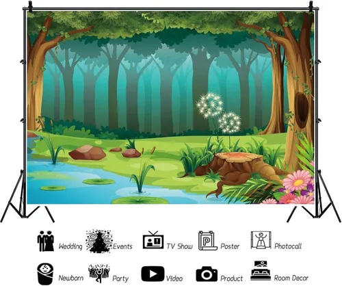 Vista 3 de Leyiyi Fondo de fotografía de bosque encantado de 5 x 3 pies, diseño de cuento de hadas, bosque, primavera, flores, río, caricatura, telón de fondo