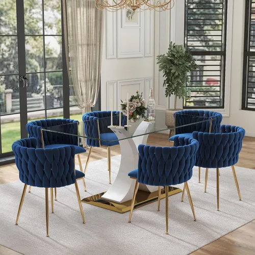 Vista 27 de Juego de comedor moderno de vidrio de lujo de 5 piezas, juego de cena rectangular minimalista grande para 4, juego de mesa de cocina de vidrio