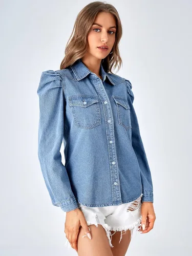Vista 4 de Verdusa Blusa de mezclilla con botones y cuello de manga larga abombada para mujer con bolsillo con solapa