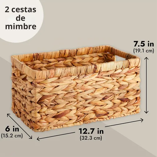 Vista 4 de Juvale Cesta rectangular pequeña de mimbre, cesta de jacinto de agua tejida a mano, se adapta a estantes de almacenamiento estándar, paquete de 2