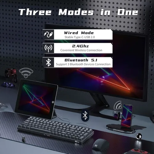 Vista 3 de RK ROYAL KLUDGE Teclado mecánico RK100 2.4G inalámbricoBluetoothcon cable RGB, 100 teclas, 3 modos conectables, teclado para juegos con interruptor