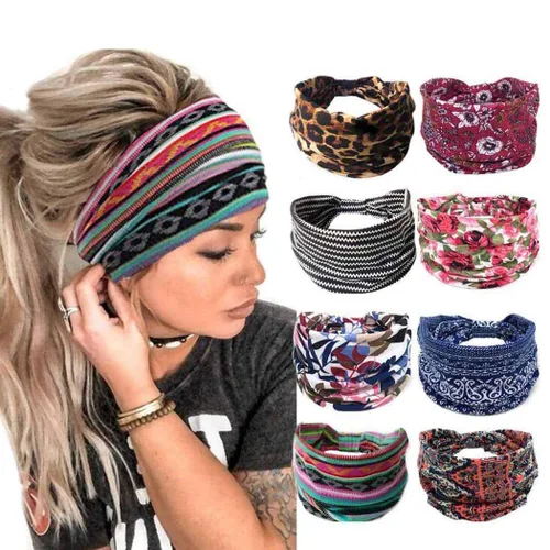 Vista 8 de Bohend Diademas anchas bohemias para mujer, 8 unidades, bandas elásticas antideslizantes para el cabello atléticas y yoga