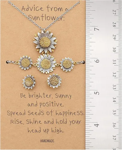 Vista 4 de quan jewelry Collar de girasol, cadenas para máscara facial, cordón y broche con tarjeta de felicitación inspiradora (juego de joyas), peltre, Sin