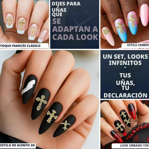 Vista 8 de Dijes de uñas dorados, 100 dijes de cruz dorada para uñas, arte de uñas 3D