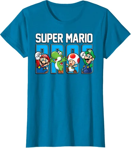 Vista 81 de Super Mario Bros Characters Letter Fill Graphic T-Shirt Camiseta, Negro