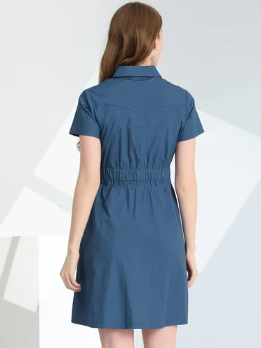 Vista 3 de Allegra K Vestido de safari para mujer, de algodón con botones, cuello y cordón en la cintura, M