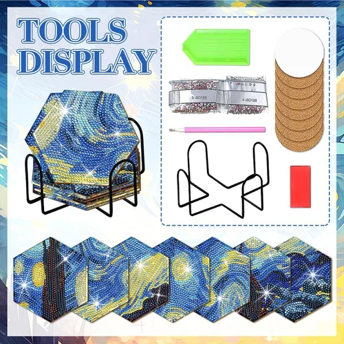 Vista 7 de Posavasos de arte de diamante Van Gogh Starry Night, 7 posavasos hexagonales con soporte, pequeños kits de pintura de diamantes para adultos