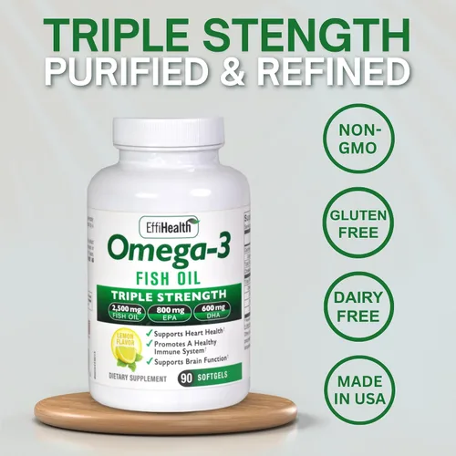 Vista 2 de EffiHealth - Aceite de pescado Omega-3 - Aceite de pescado de triple fuerza de 2500 mg, 1200 mg de EPA, 600 mg de DHA - Apoya la salud del corazón
