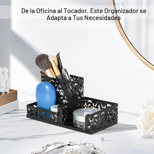 Vista 4 de Organizador para escritorio de oficina, de EasyPag, con 3 compartimentos, con diseño calado de flores, Negro