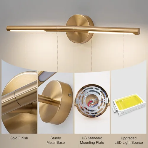 Vista 5 de Lámparas doradas para baño sobre espejo de 24 pulgadas, 18W 360° Giratorias Regulables 4000K Lámpara de Tocador LED de Latón, Luces de Tocador