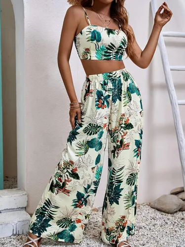 Vista 4 de GORGLITTER Conjunto de 2 piezas para mujer, con estampado tropical, lazo en la espalda, conjunto de pantalones de pierna ancha