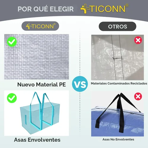 Vista 4 de TICONN Paquete de 2 bolsas de mudanza extra grandes resistentes con cremalleras y asas de transporte, bolsas de almacenamiento duraderas