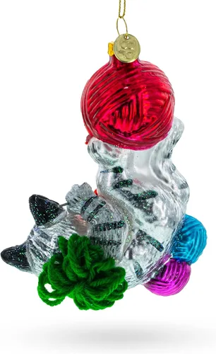 Vista 2 de Gatito enredado en bolas de hilo de cristal adorno de Navidad