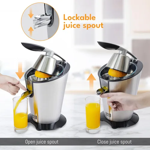 Vista 4 de LEBENLANG Exprimidor de cítricos eléctrico con alto rendimiento de jugo Exprimidor de jugo de naranja 200W + 2 conos Exprimidor de limones